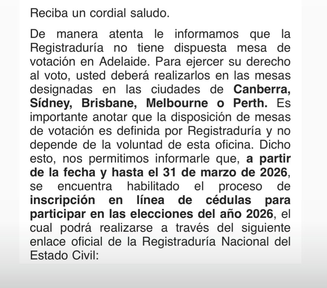 Al parecer, a la <a href="/Registraduria/">Registraduría Nacional del Estado Civil</a> y al <a href="/CancilleriaCol/">Cancillería Colombia</a> se les olvidó que en #Adelaide viven más de 20.000 colombianos. No hay mesa de votación acá y toca viajar a otras ciudades. 
Sigue la pésima atención y trabajo del consulado en Australia, que no les importa los colombianos
