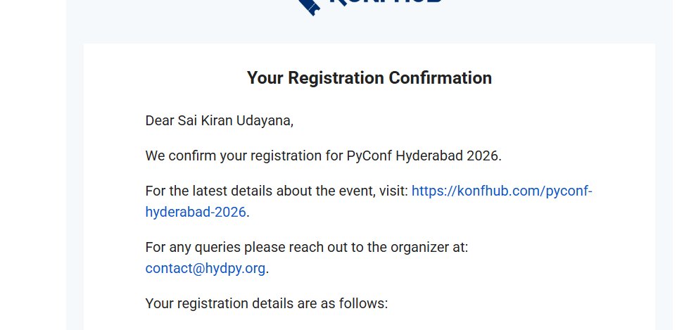 saikiranudayana's tweet image. Just booked my ticket for @pyconfhyd  ✅
Can’t wait for a day full of Python, learning &amp;amp; amazing community vibes! 🐍🔥
If you’re thinking about it , this is your sign 😉

#PyConfHyd #PythonCommunity #TechCommunity #HyderabadTech #DeveloperLife #BuildInPublic #TechEvents