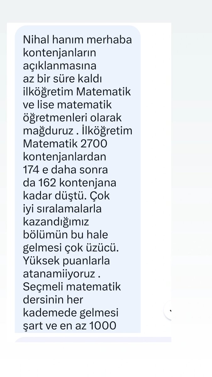 Matematik branşında kontenjanların 2700’lerden 162’ye düşmesi kabul edilemez.
Yüksek puanlı öğretmen atanamıyorsa sorun branşta değil, politikadadır.
Her kademede seçmeli matematik şarttır ve en az 1000 kontenjan verilmelidir.
<a href="/tcmeb/">Millî Eğitim Bakanlığı</a> 
<a href="/Yusuf__Tekin/">Yusuf Tekin</a> 
<a href="/cftcblnt/">Bülent ÇİFTCİ</a> 
<a href="/SendikasizSen/">SendikasızSen</a>