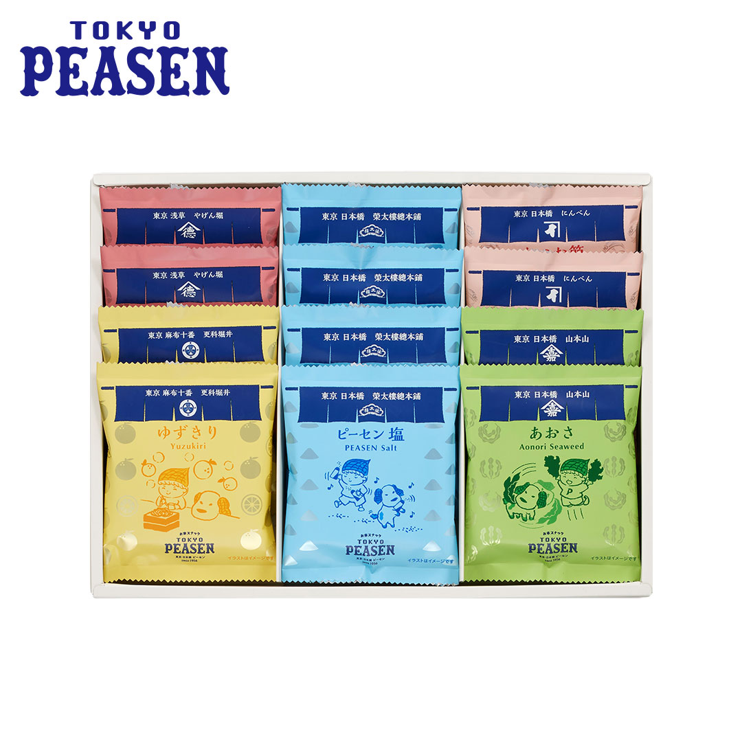 ✨東京ピーセン 詰合せ 5種 12袋入✨

東京を代表する様々な銘店の味を、こだわりの東京ピーセンにしてお届け！
・1818年創業、「ピーセン」を継承し昔ながらの製法を今なお守り続ける江戸菓子屋“榮太樓總本鋪”
・1699年創業、鰹節専門店“にんべん（かつお節）”