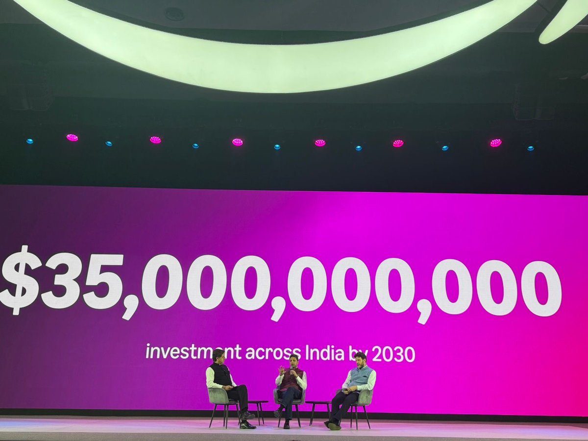 vikramchandra's tweet photo. Big numbers behind us on the stage at Amazon Smbhv! 

Amit Agarwal tells me that Amazon is going to invest 35 billion dollars in India by 2030. 

And do 80 billion dollars of exports from India. https://t.co/SDkS8ttg34
