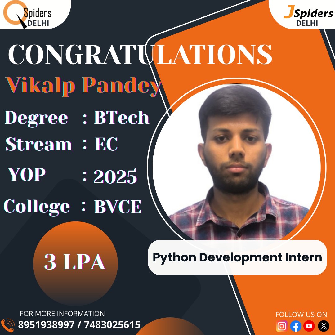 Qspiders_Delhi's tweet image. 🎉 Congratulations to Vikalp Pandey on securing a Python Development Intern role! Hard work truly pays off. 🚀

#Congratulations #SuccessStory #PythonDeveloper #Internship #CareerStart #TechJourney #BTech #EC #Placement #JSpiders #QSpiders #PythonIntern