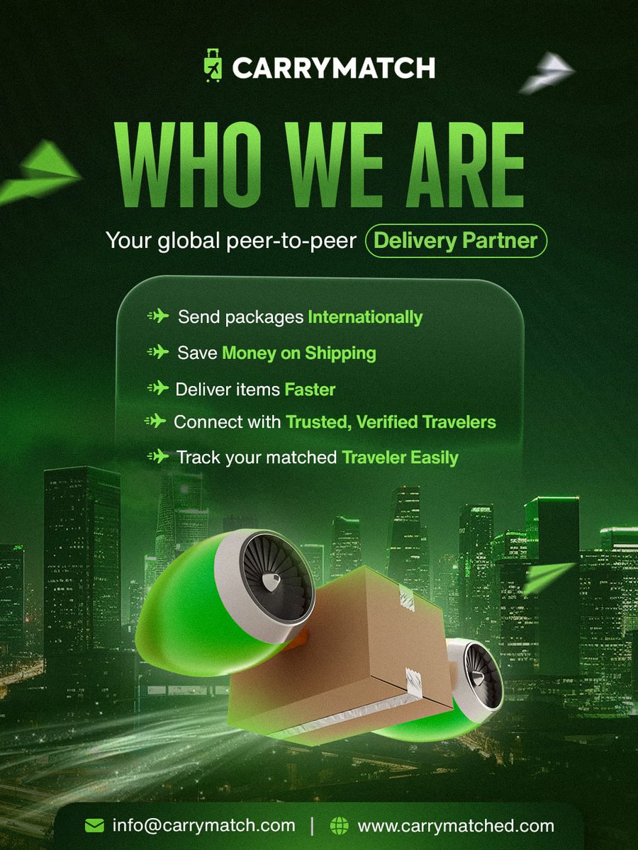 This is #CarryMatch, your global P2P delivery partner. 
Connect with trusted, verified travelers. 
Send packages internationally. 
Save money on shipping. 
Deliver items faster. 
Track your matched traveler easily. 
Visit carrymatched.com and sign up.