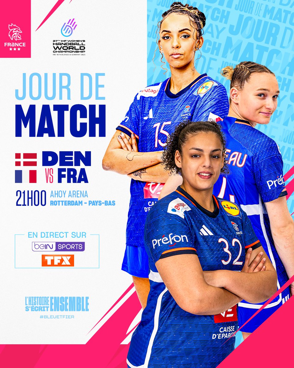 JOUR DE MATCH ! 🇩🇰⚔️🇫🇷

🤾‍♀️ #DENFRA
⏰ 21H00
🏟️ Ahoy Arena - Rotterdam 🇳🇱
📺 <a href="/beinsports_FR/">beIN SPORTS</a> <a href="/tfx/">TFX</a> 
📱 #BleuetFier
Place au quart de finale ! 
ALLEZ LES BLEUES ! 💙