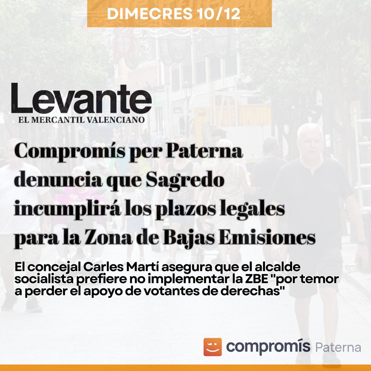 🟠 Paterna està incomplint els terminis legals per implantar la Zona de Baixes Emissions 

👉🏻 Una negligència que arrisca fons europeus.

📰 Llig la noticia ací 👇🏻
comprom.is/eZ37CmA