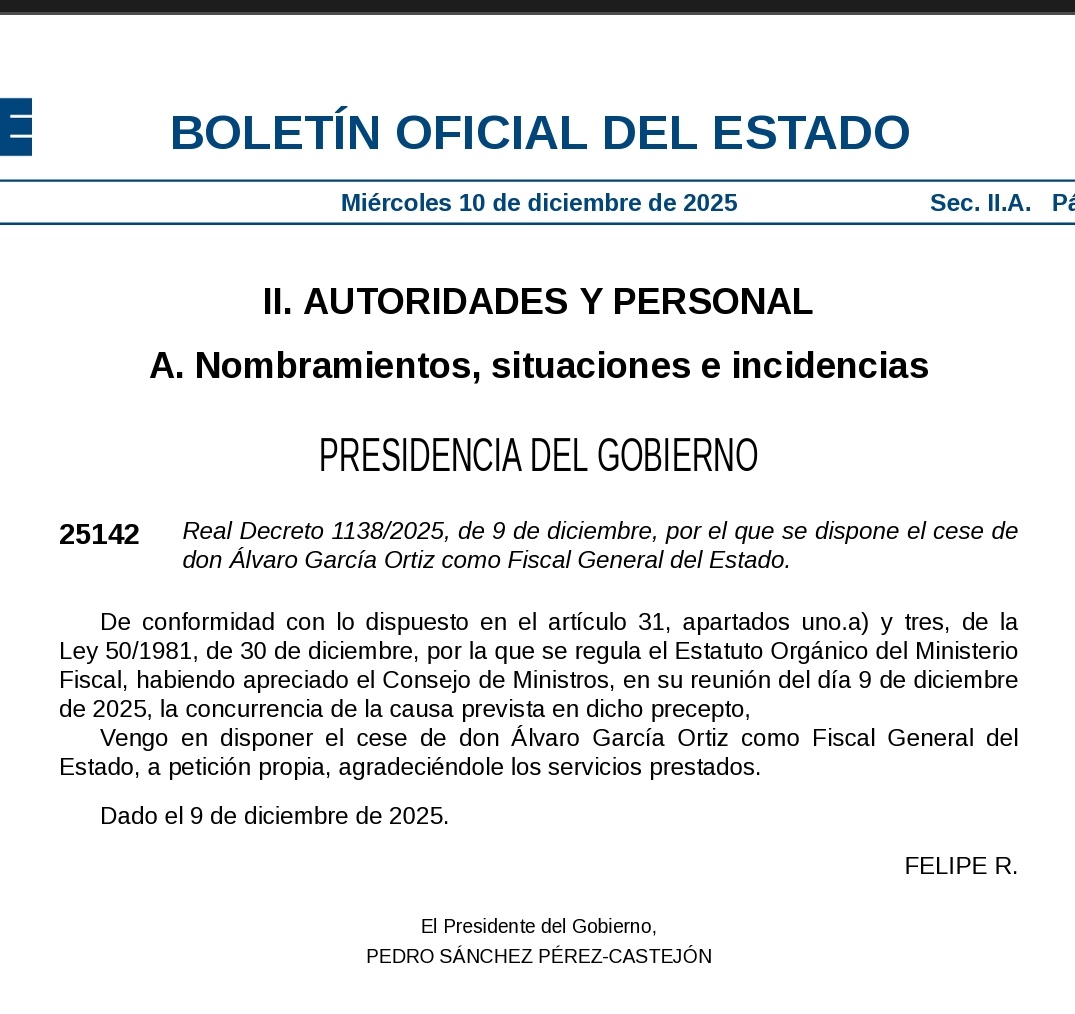 Cese de Álvaro García Ortiz "a petición propia" y "agradeciéndole los servicios prestados" 
🤣