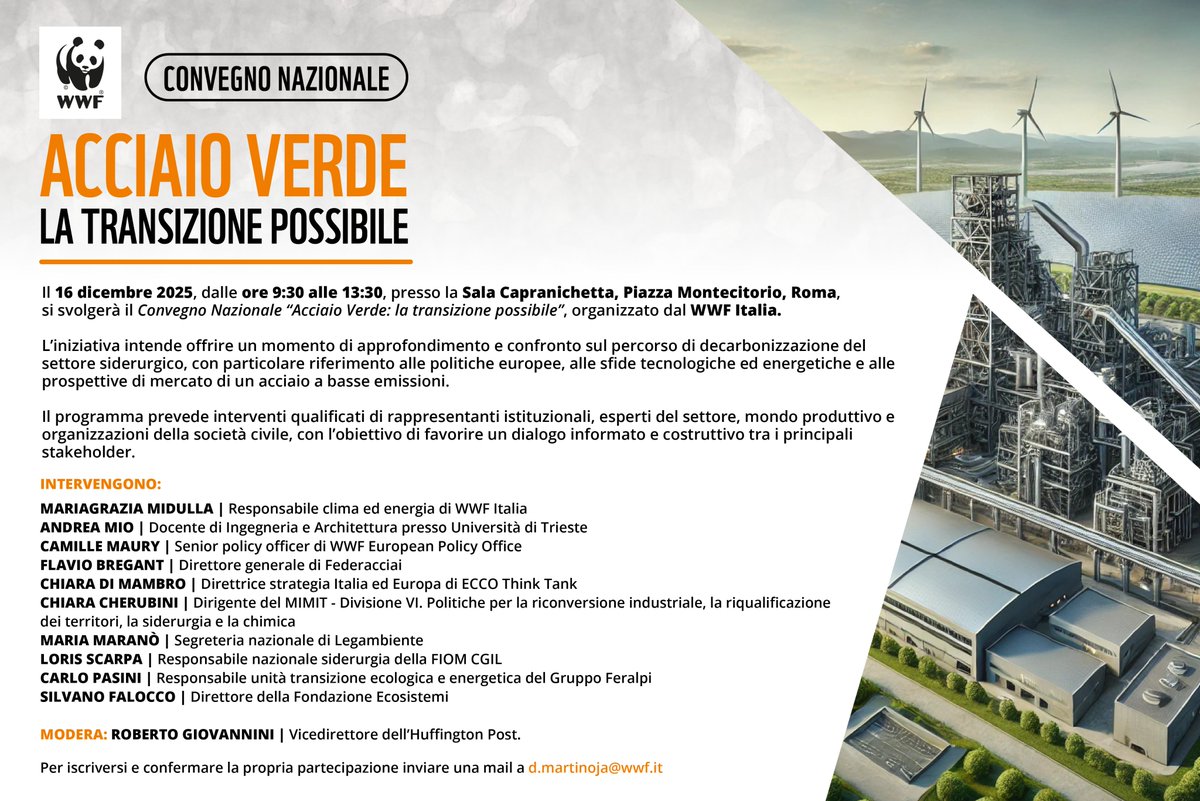 WWFitalia's tweet image. La produzione di #acciaio verde è una delle leve più importanti per realizzare la transizione energetica

Ma a che punto siamo in Italia e in #Europa ?

Per capirlo abbiamo organizzato a Roma il 16 dicembre il Convegno Nazionale “Acciaio Verde: la transizione possibile”