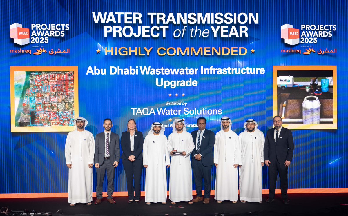 TAQA Water Solutions is proud to be recognized at the MEED Projects Awards 2025 for the “Abu Dhabi Watewater Infrastructure Upgrade” project, which received the Water Transmission Project of the Year award, along with two major accolades: 2025 National Winner and Highly Commended