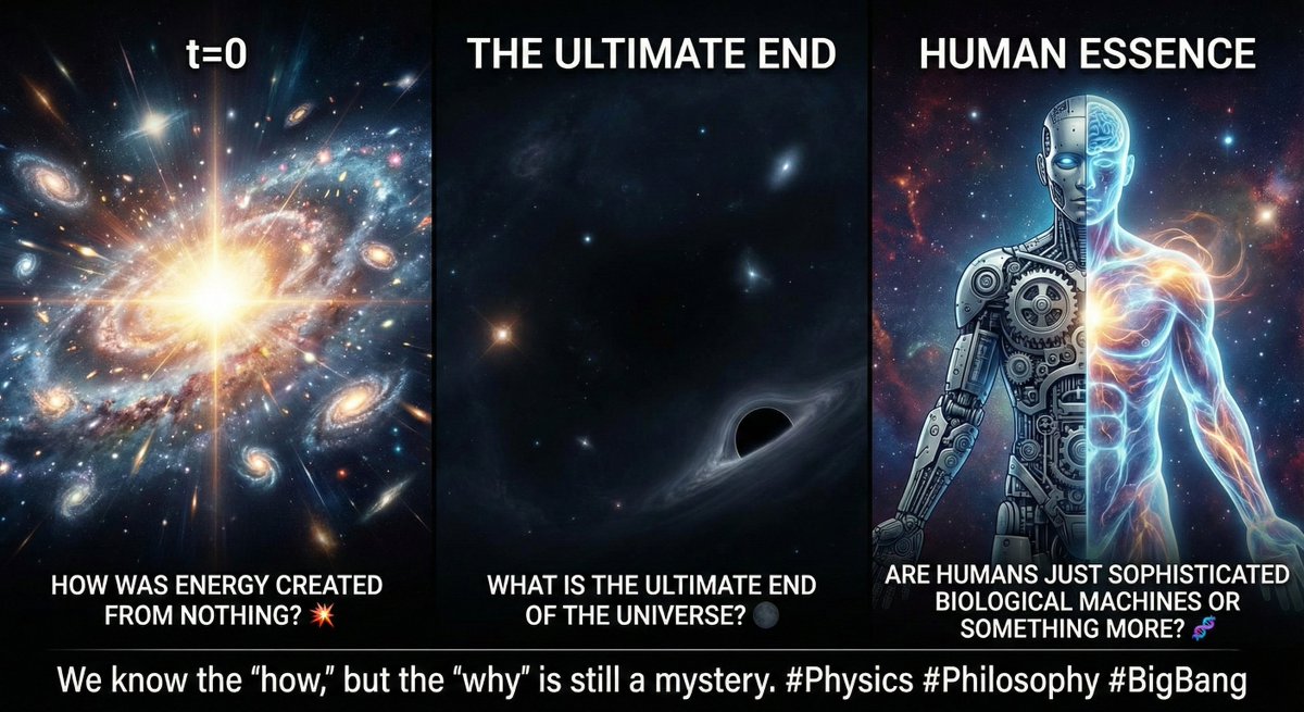 AnilSuva31's tweet photo. Three questions keeping me up at night:

At t=0, how was energy created from nothing? 💥

What is the ultimate end of the universe? 🌑

Are humans just sophisticated biological machines or something more? 🧬

We know the "how," but the "why" is still a mystery. #Physics #BigBang https://t.co/PyIxKGvEIs