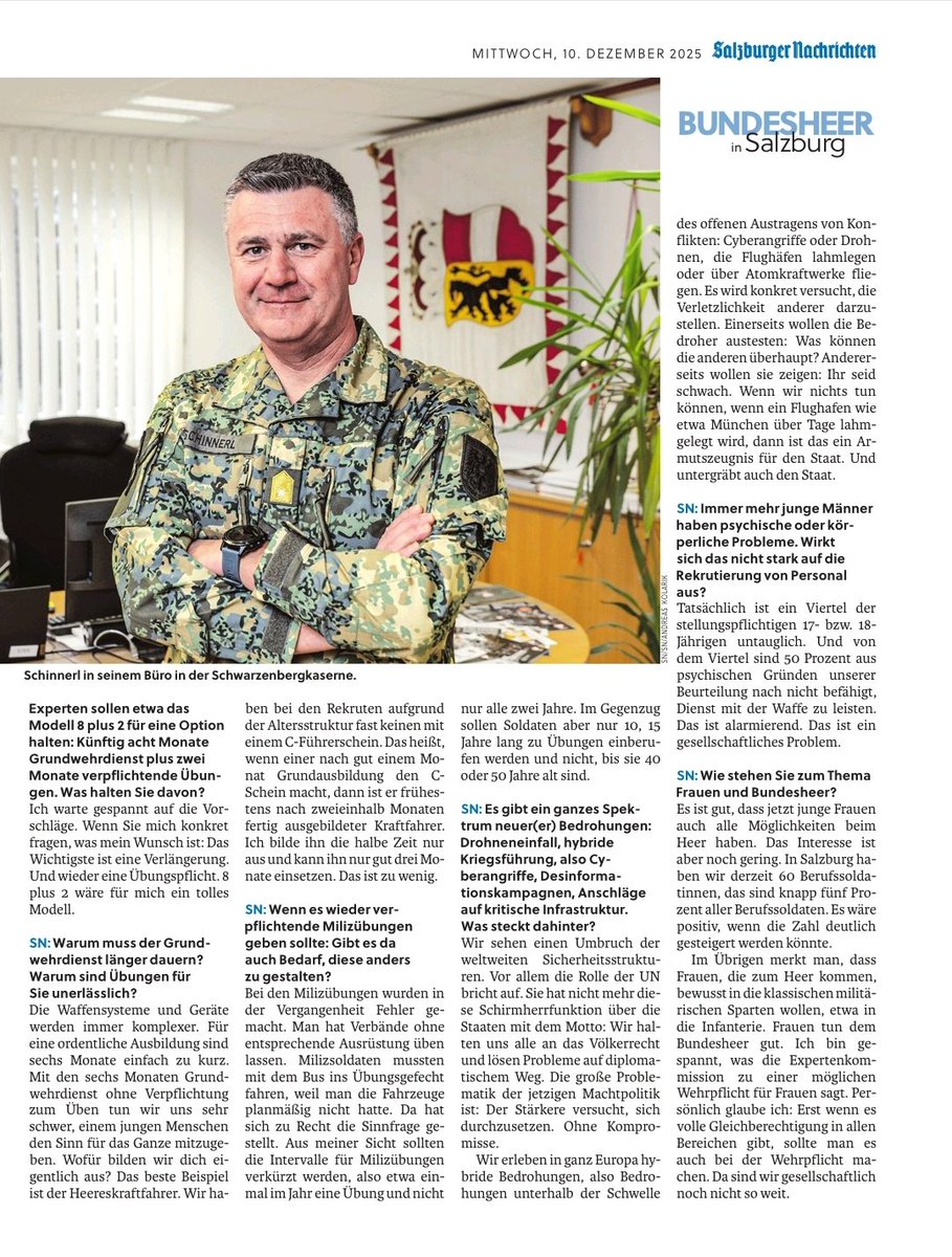 "Tatsächlich ist 1/4 der 17- bzw. 18-Jährigen untauglich. Und von dem Viertel sind 50 % aus psychischen Gründen unserer Beurteilung nach nicht befähigt, Dienst mit der Waffe zu leisten. Das ist alarmierend. Das ist ein gesellschaftliches Problem." #Bundesheer <a href="/sn_aktuell/">SN aktuell</a>