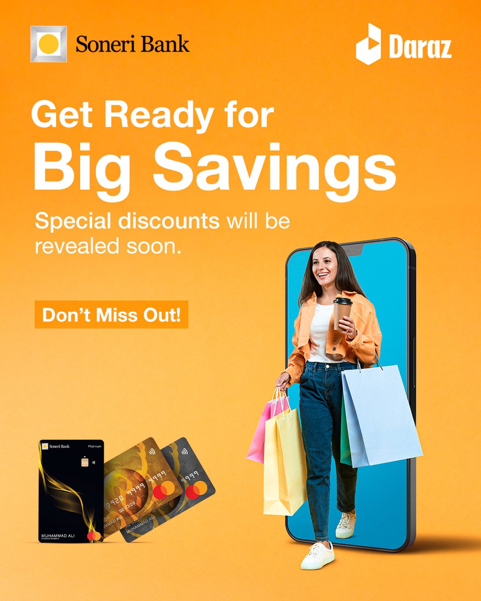 SoneriBank_Pk's tweet image. Get ready, shoppers! 🛍️
Soneri Bank x @darazpk is bringing you exciting discounts very soon.
Stay tuned — the savings you’ve been waiting for are just around the corner!

#SoneriBank #RoshanHarQadam #Daraz #GoldenSurprise #StayTuned