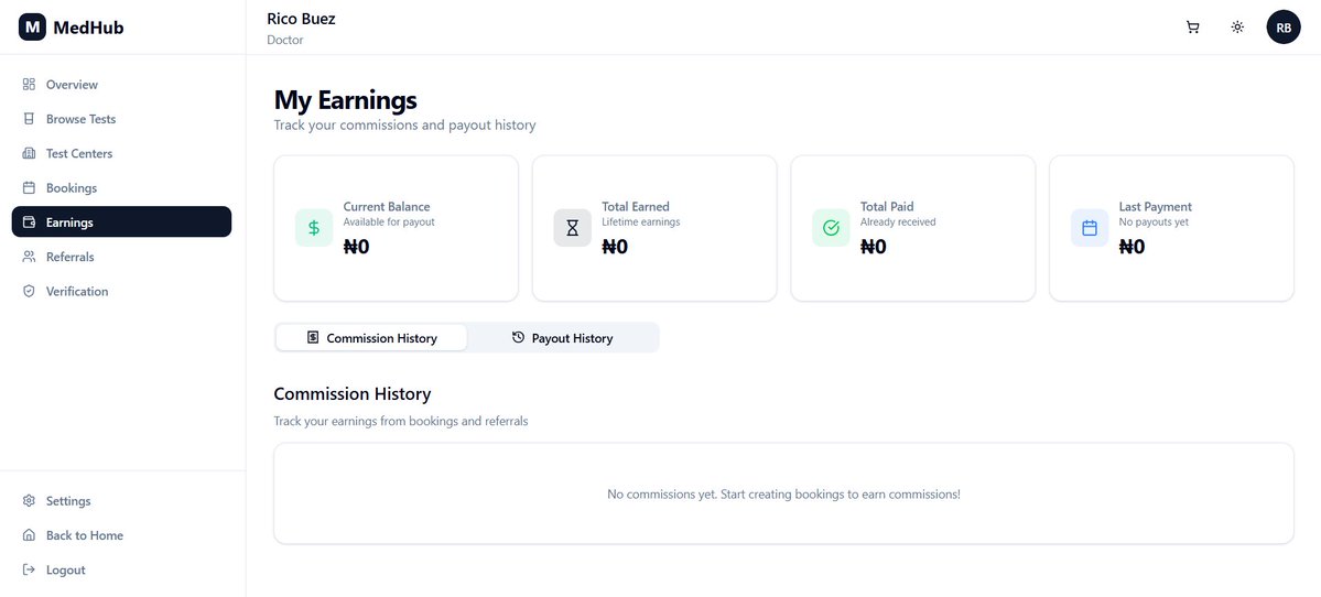 buez_rico's tweet image. Built a platform connecting doctors with diagnostic centers.  
Doctors earn commissions on referrals, centers get more patients and smoother bookings.    
Check it out: medhubng.com 

#CodingJourney  #DeveloperCommunity #claude #WebDevelopment #JavaScript #Tech