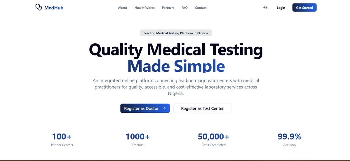 buez_rico's tweet image. Built a platform connecting doctors with diagnostic centers.  
Doctors earn commissions on referrals, centers get more patients and smoother bookings.    
Check it out: medhubng.com 

#CodingJourney  #DeveloperCommunity #claude #WebDevelopment #JavaScript #Tech