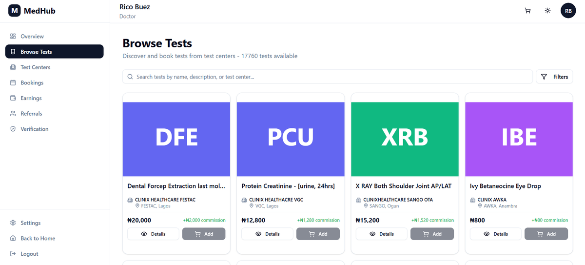 buez_rico's tweet image. Built a platform connecting doctors with diagnostic centers.  
Doctors earn commissions on referrals, centers get more patients and smoother bookings.    
Check it out: medhubng.com 

#CodingJourney  #DeveloperCommunity #claude #WebDevelopment #JavaScript #Tech