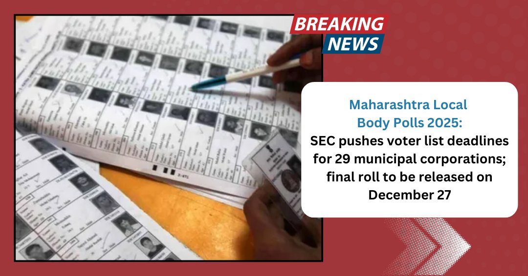 electionstation's tweet photo. Maharashtra Local Body Polls: SEC extends deadlines — Final voter list on December 27!
#LocalBodyElections #MaharashtraElections #SECUpdate #VoterList #Election2025 #MahaPolitics #BreakingNews #ElectionUpdate #BMC #BMCElections
https://t.co/4bJpYaBDqM https://t.co/qQwowNerS3