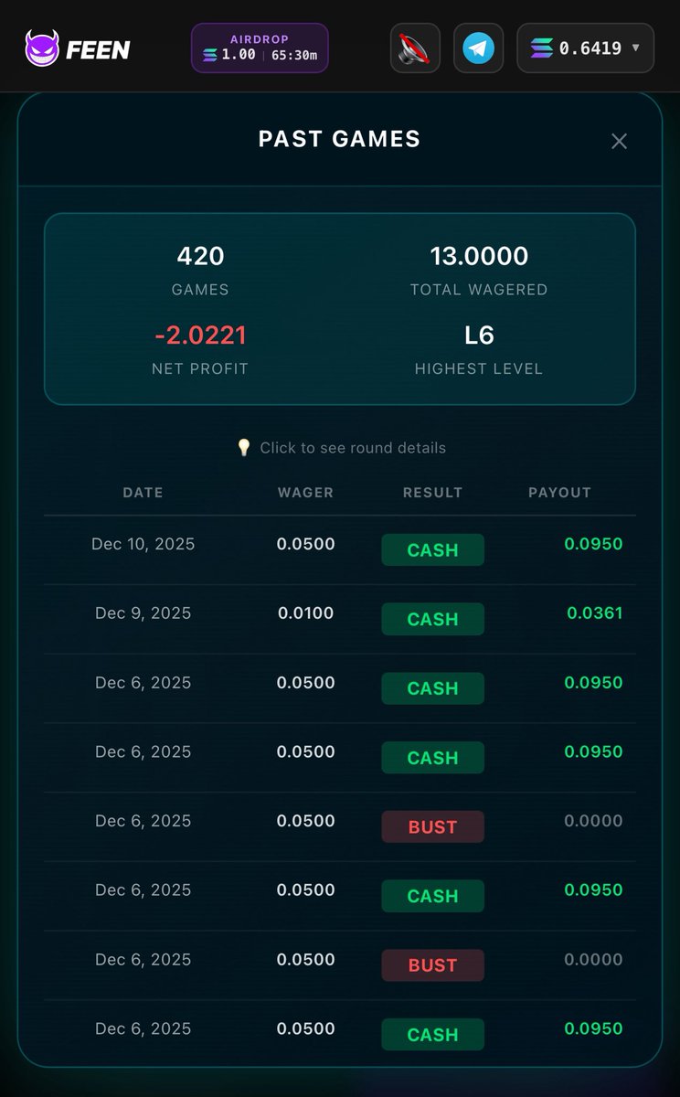 yo transaction history is now live on FEEN 

tap any past round to see the full breakdown and verify every result with <a href="/PythNetwork/">Pyth Network 🔮</a> yourself

time to run it back turbo 😈