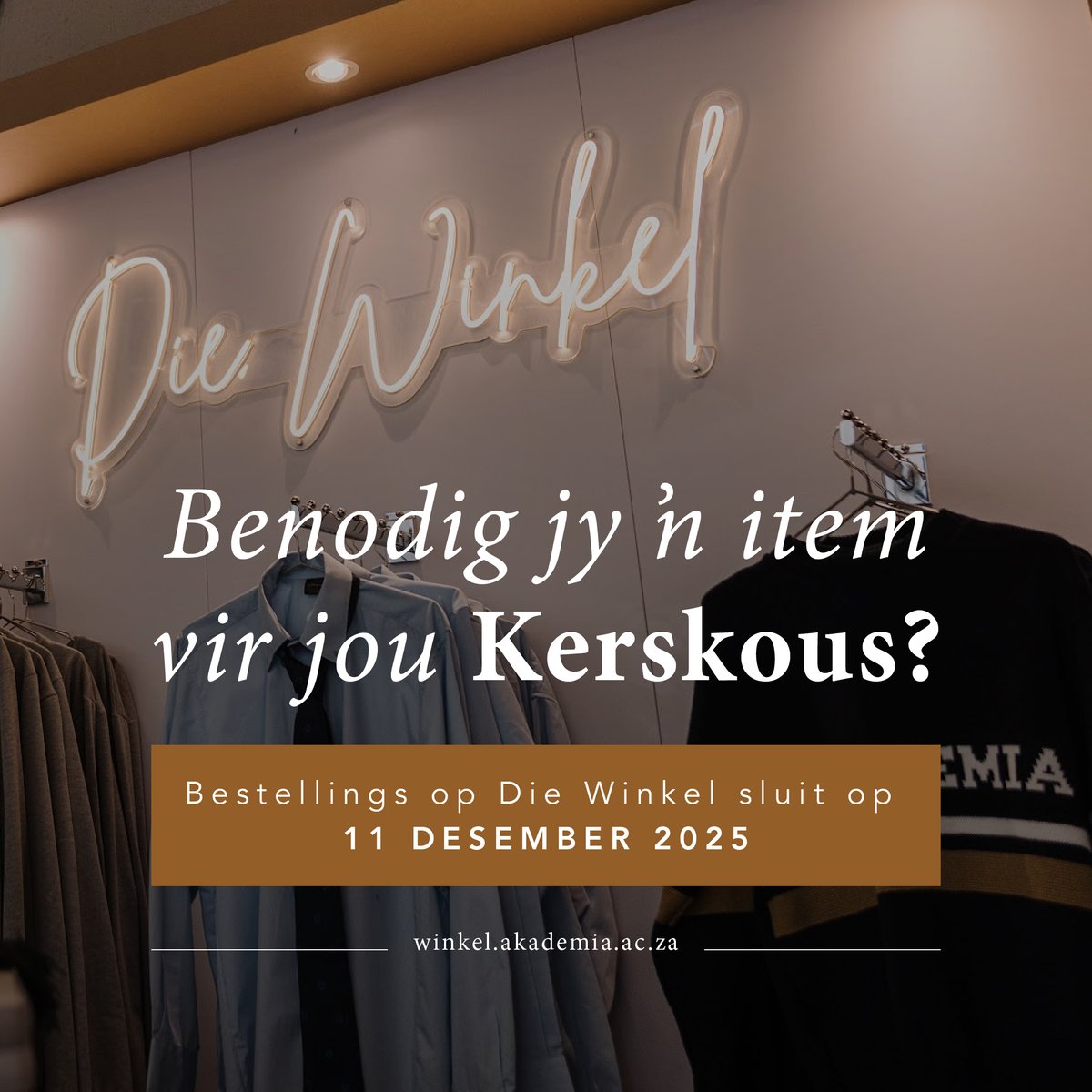 Is Kersinkopies steeds op jou moet-doen-lysie? Plaas jou bestelling voor 11 Desember op Die Winkel. Die laaste bestellings word op 12 Desember versend. Besoek die webblad om te sien watter produkte beskikbaar is: winkel.akademia.ac.za

#MyAkademia #DieWinkel #Kersfees