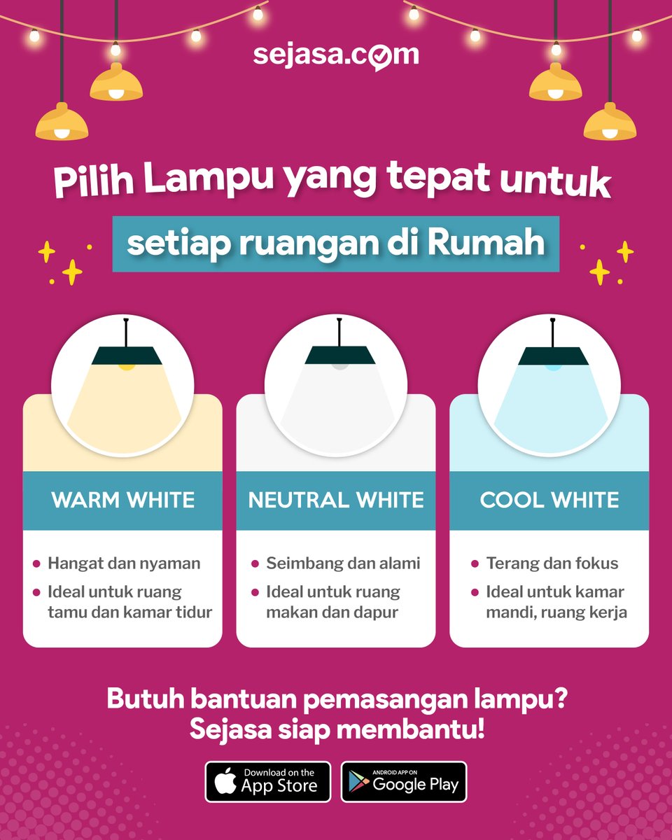 sejasadotcom's tweet image. Jangan asal pasang lampu! 💡

Ruang tamu, dapur, dan kamar tidur butuh mood warna cahaya yang berbeda agar fungsinya maksimal dan estetik ✨ 

Cek panduan lengkapnya di infografis berikut:

#TipsRumah #TipsPilihLampu #LampuRumah