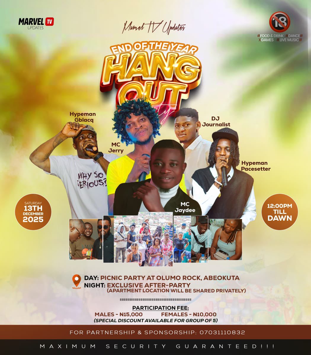 We’re outside for the MarvelTvUpdates Hangout this Saturday from 10am at Olumo Rock Abeokuta, and all night at the house apartment party.

Just 3 days to go. Another historic moment is loading. Pay now and secure your ticket ASAP.

Don’t miss out, grab your ticket now 💥