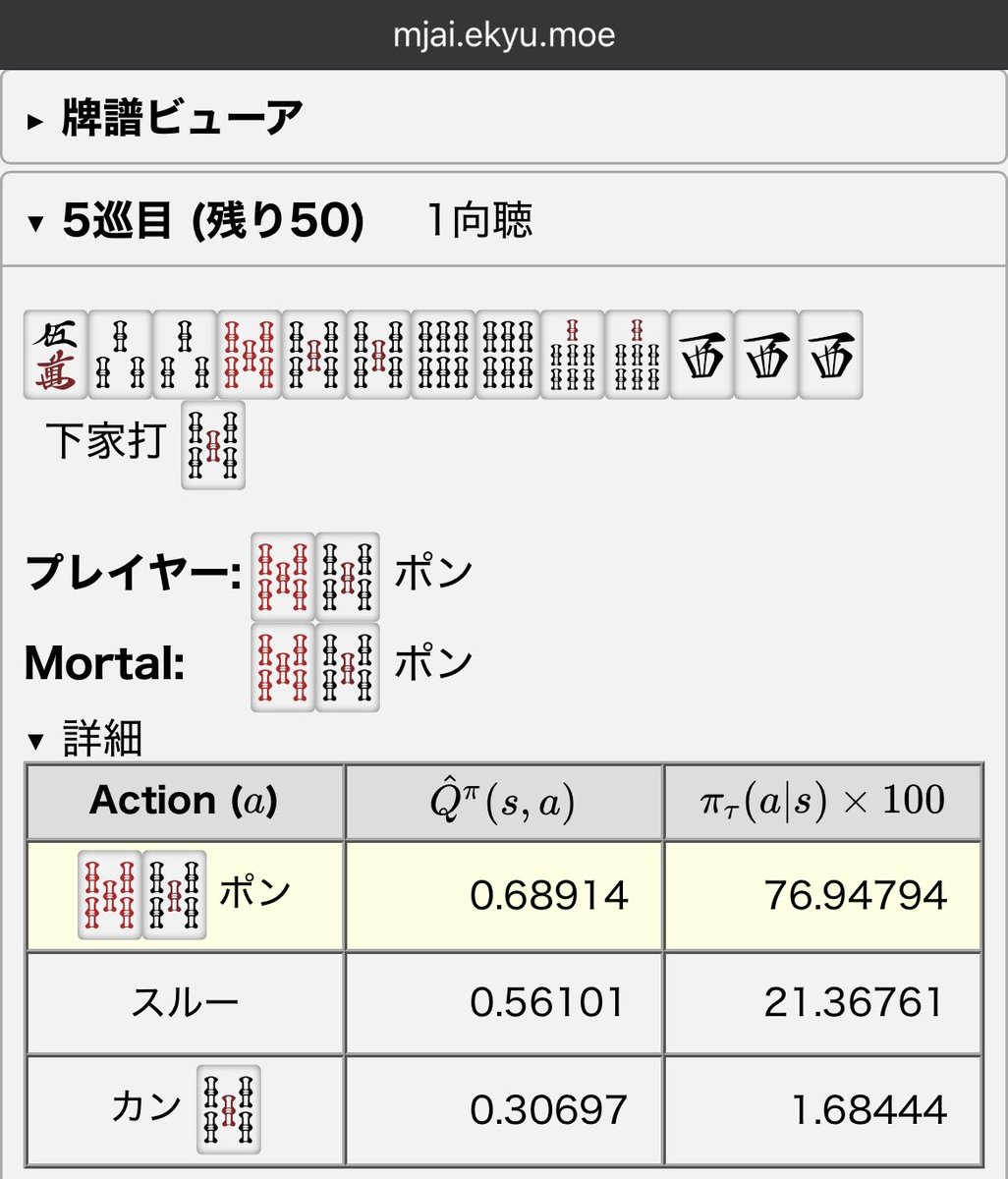 役満一向聴
5sポン

見返すと、鳴かないほうが良さそう

下家が親だったら、親リー後にワキから8s出アガリの未来も視えて、鳴いても許される？