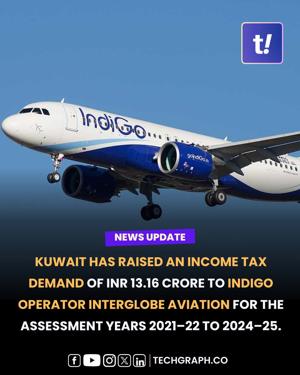 #Breaking: Kuwait has Raised an income tax demand of INR 13.16 crore to IndiGo operator InterGlobe Aviation for the assessment years 2021–22 to 2024–25.
techgraph.co/business/kuwai…
#Kuwait #IndiGo #IndiGoAirlines #InterGlobeAviation #TechGraph #News #StockMarket