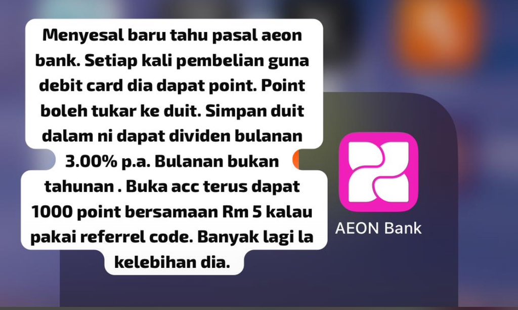 ehsan_issey's tweet photo. Rasa rugi baru tahu aeon bank ni kalau tak sekarang point dah banyak dah. Yang baru nak download gunalah referral code ni (AB637232) https://t.co/b8ifgQO9z7