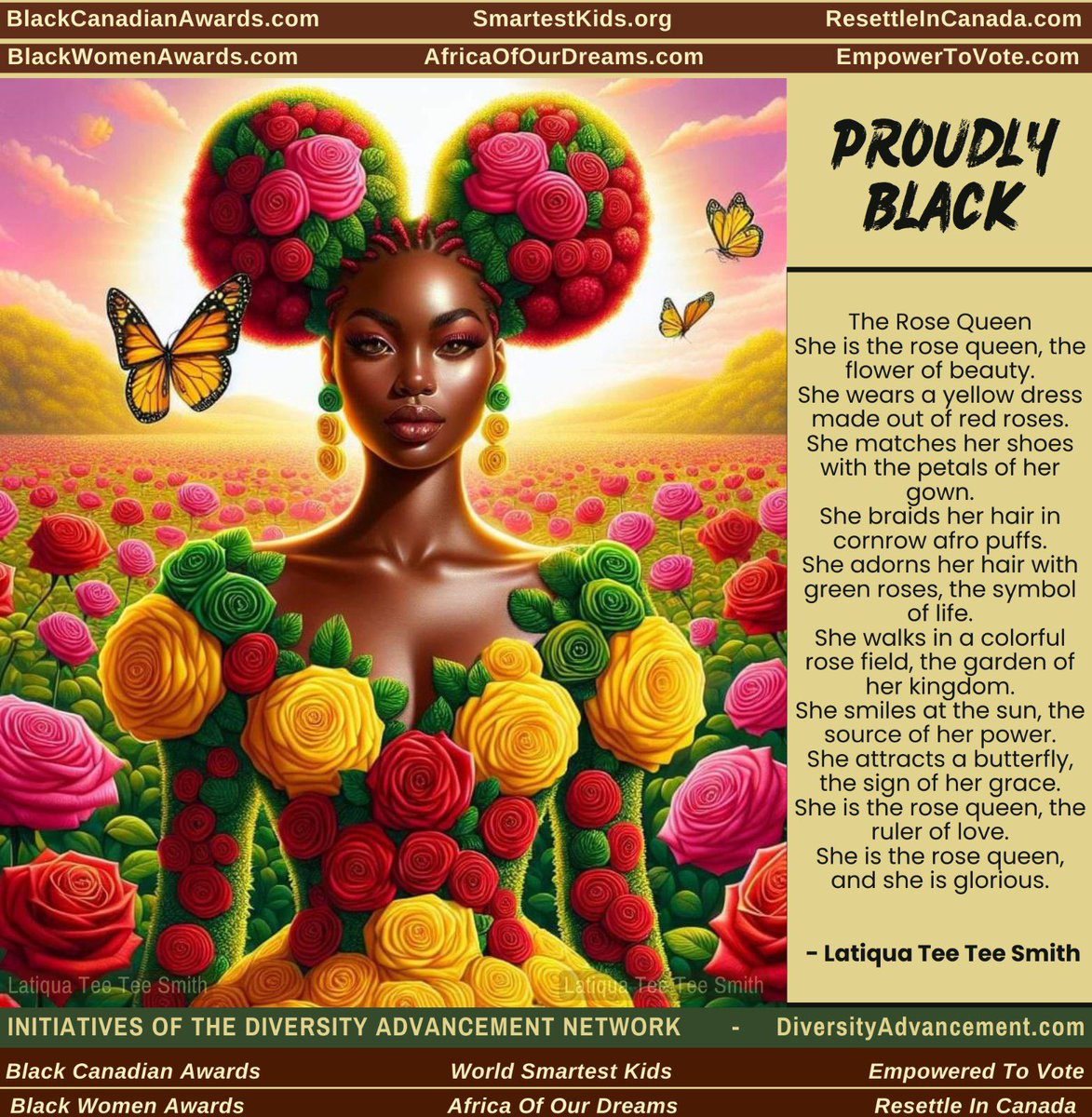 This stunning art embodies the Rose Queen, the ruler of her kingdom, the source of her power, and the definition of glorious. Art by Latiqua Tee Tee Smith.​#ProudlyBlack #BlackArt #BlackIsBeautiful #BlackExcellence #MelaninMagic #Inspiration #ArtOfTheDay #EmpoweredToVote