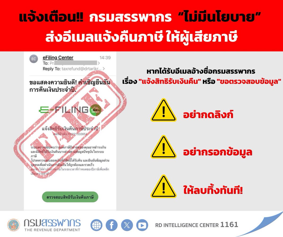 🚨 ย้ำเตือนอีกครั้ง มิจฉาชีพ! แอบอ้างแจ้งคืนภาษีผ่านอีเมล

ขณะนี้พบมิจฉาชีพได้พัฒนากลโกงในหลายรูปแบบโดยส่งอีเมลแอบอ้างเป็นกรมสรรพากร

กรมสรรพากร ยืนยัน “ไม่มีนโยบาย” ส่งอีเมลให้กดลิงก์เพื่อขอรับเงินคืนภาษี หรือให้กรอกข้อมูลส่วนบุคคลใด ๆ
#กรมสรรพากร #เตือนภัยมิจฉาชีพ