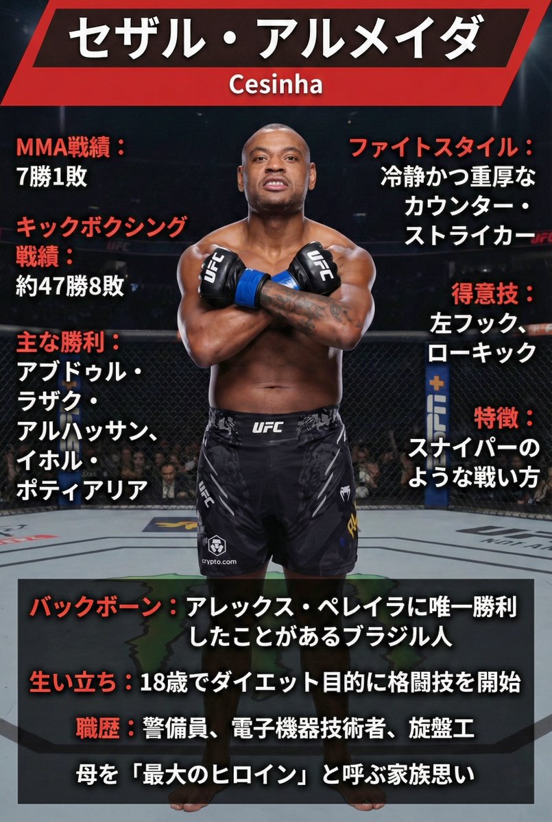 CageSideNote's tweet image. 【＃UFCVegas112】今週！！！
アレックス・ペレイラの元ライバルにして、キックボクシングで彼に勝利した男🇧🇷
MMAでも7勝1敗と実績を積み重ねる「スナイパー」のようなストライカーです。 彼のバックボーンやファイトスタイルをまとめたので、これを機にぜひチェックを！