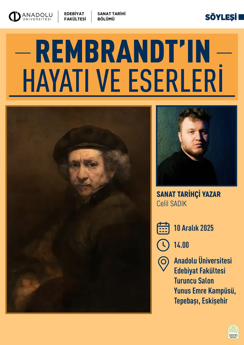 Eskişehir Anadolu Üniversitesi Sanat Tarihi bölümünün daveti üzerine bugün saat 14.00'da, Edebiyat Fakültesinde, Barok sanatın büyük ustası Rembrandt'ın hayatı ve eserleri üzerine bir seminer vereceğim. Seminer herkese açık ve ücretsiz olacak. 😊🙏🏻