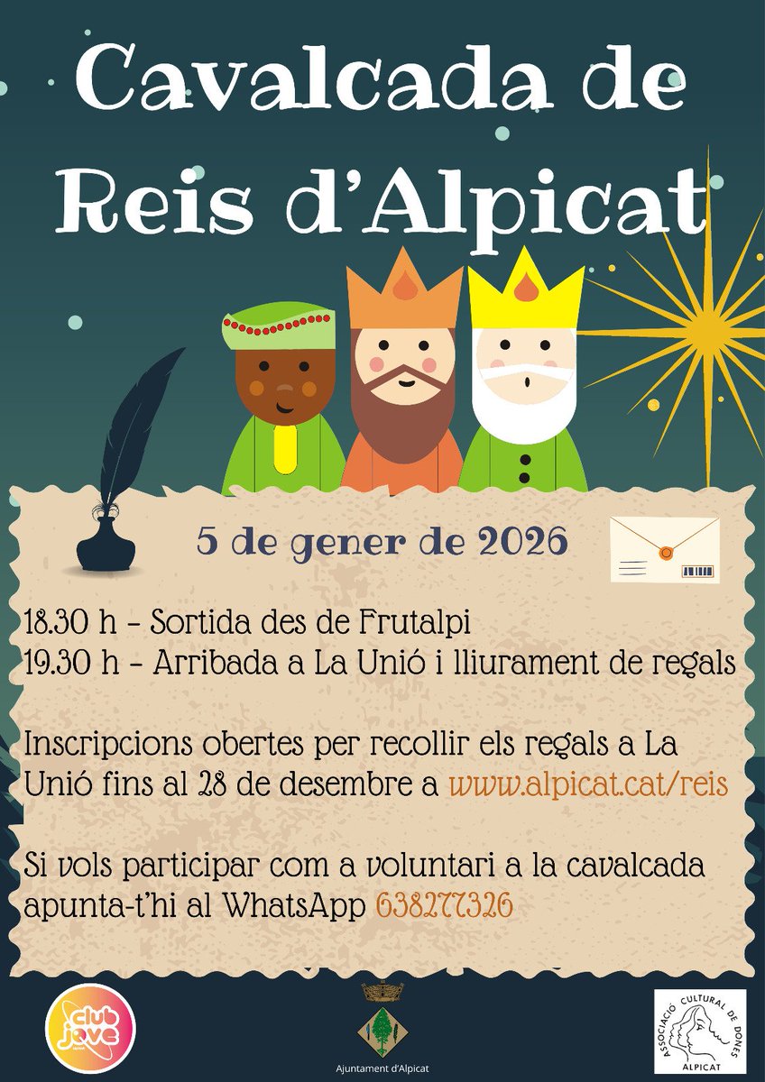 💫 Cavalcada de Reis a Alpicat del proper 5 de gener 🤴🏿🤴🏼🤴🏻

ℹ️ Informació sobre el recorregut 🐪🚜 , les inscripcions 📝🎁  i els voluntaris/es que vulguin formar part de la màgia del seguici 🙌🏽🤝🏽
⬇️👇🏼⏬️⬇️👇🏼⏬️
goo.su/evukeb
