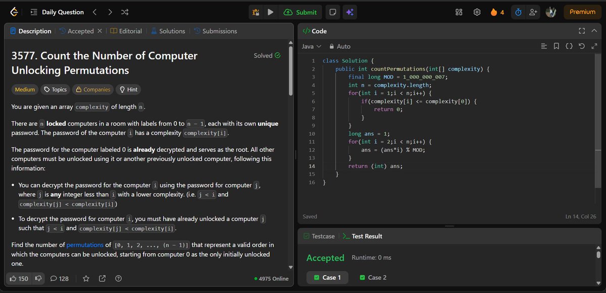 dinu_x012's tweet image. &amp;gt;Day 30 of Solving leetcode 
&amp;gt;Solved 3577. Count the Number of Computer Unlocking Permutations today.
&amp;gt;Simple Math problem 
#Day30 #LeetCode #100DaysOfCode #Java #DSA