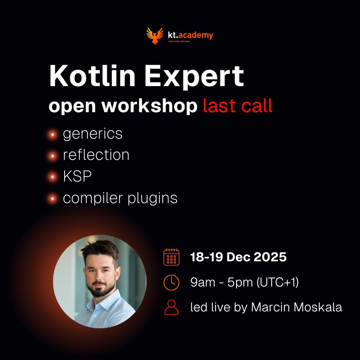 ktdotacademy's tweet image. Don’t miss the last chance to be part of our 2-day, practical Kotlin Expert workshop with Marcin Moskala.
Register now →  kt.academy/workshop/expert