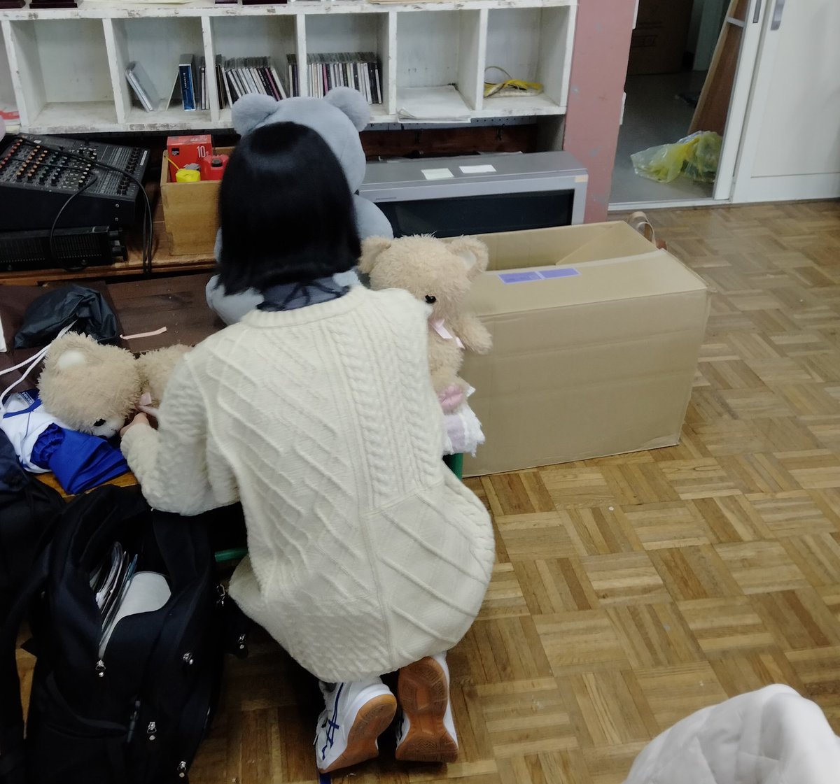 今日は部室に現る癒しの集団をご紹介します。くりくりの丸い目が可愛いですね。
構図は歌が担当してくれました！！台の高低差利用した素晴らしい采配です！！