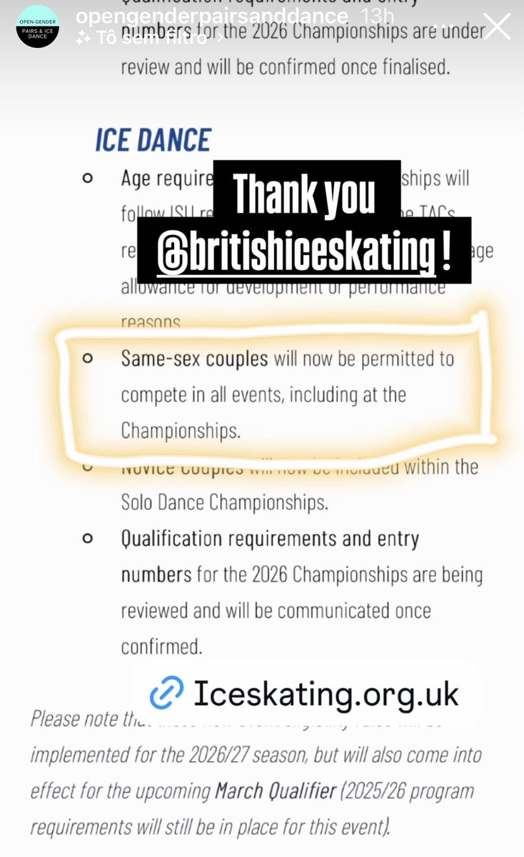 Hey <a href="/AmazingPhil/">Phil Lester</a> here’s something cool to talk abt in your new podcast segment.

Apart from the fact that A PHANNIE just made figure skating history as the 1st same-gender ice dance team to compete in official competition, now a same-sex team can legally compete in the UK too! 😱