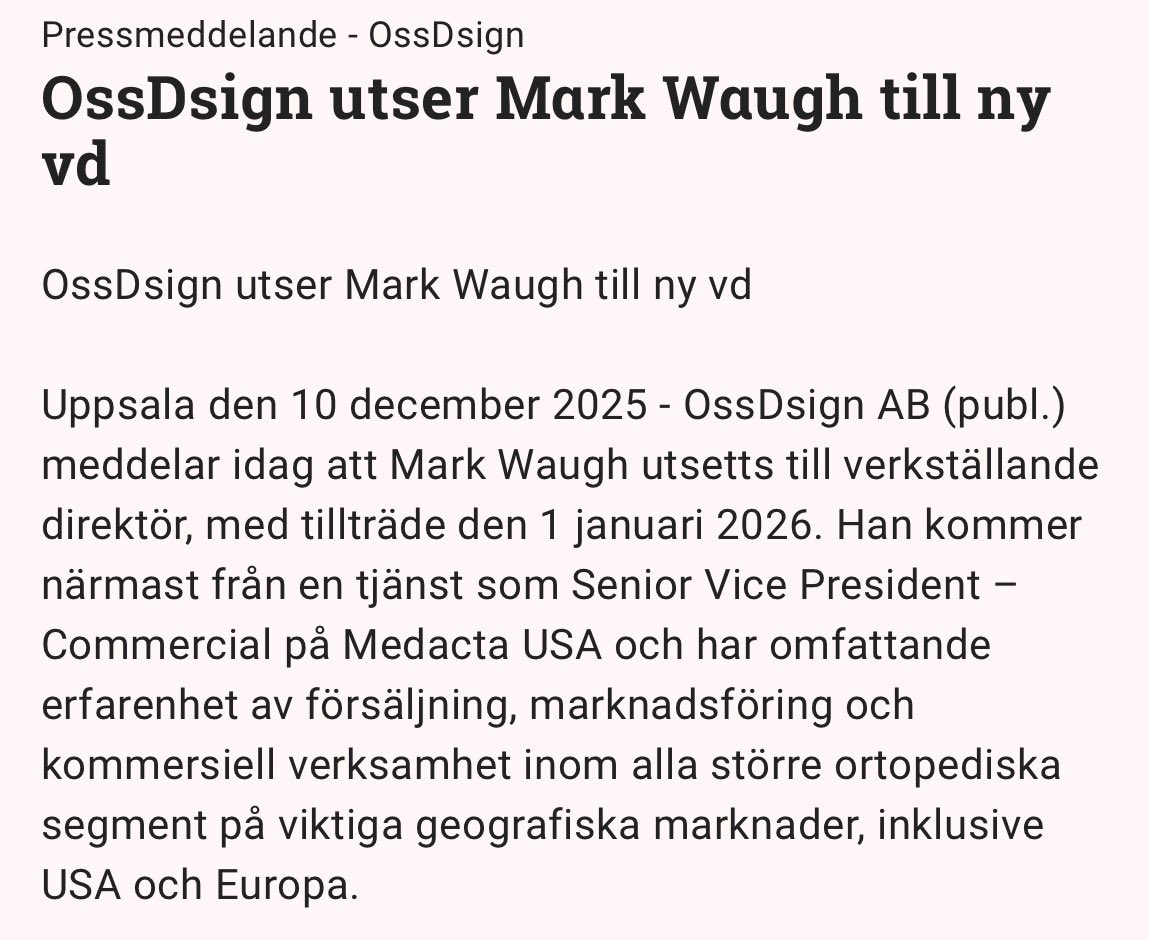 GevaliaTrader's tweet photo. $OSSD Låter spontant som en bra rekrytering, och det tickar mina boxar iaf:

✅ Geografisk placering (USA)
✅ Tung kommersiell erfarenhet
✅ Specifik expertis inom ortopedi och ryggradskirurgi https://t.co/bA0M4op1n6