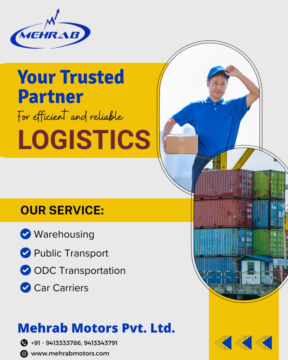 LtdMehrab's tweet image. At Mehrab Motors Pvt. Ltd., we ensure your cargo moves safely, swiftly, and seamlessly.
From warehousing to transportation and car carriers, our team is committed to delivering reliable logistics solutions that keep your business moving forward.

#MehrabMotors #LogisticsServices
