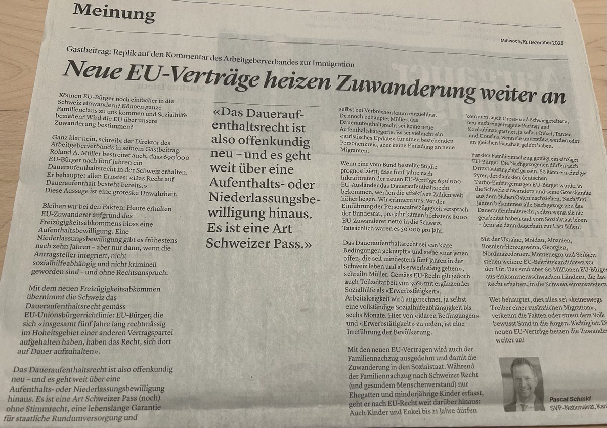 hjbertschi's tweet photo. #EU_Verträge heizen #Zuwanderung weiter an - CHMedia

«Das #Daueraufenthaltsrecht ist also offenkundig neu - und es geht weit über eine Aufenthalts- oder Niederlassungsbewilligung hinaus.
Es ist eine Art Schweizer Pass (noch) ohne Stimmrecht»
Nationalrat ⁦@pascalschmid_ch⁩ https://t.co/iCybo01QTB