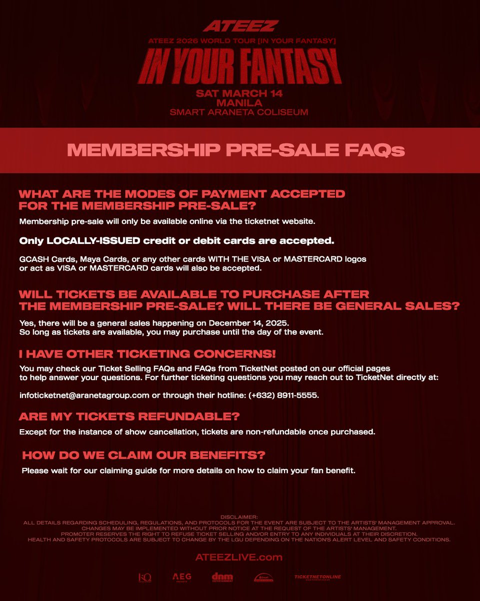 dnmentph's tweet photo. Hey PH ATINY! Don’t miss the membership pre-sale FAQs and all the details you need for 'ATEEZ 2026 WORLD TOUR [IN YOUR FANTASY] IN MANILA' 

Please see this link for the waiver:
For Minors: https://t.co/0WSY1rxhrB 
For PWDs and Pregnant Women: https://t.co/st6IInWCdu

MEMBERSHIP PRE-SALE
⏰ 12.12.2025 - 12:00 PM | 12.13.2025 - 11:59 AM

GENERAL TICKET SELLING
⏰ 12.14.2025 | 12:00 PM

D-DAY:
📆 03.14.2026
🕖 7:00 PM
📍 Smart Araneta Coliseum
🎫 TicketNet

#ATEEZ #WORLD_TOUR #In_Your_Fantasy #에이티즈 #InYourFantasy_MNL