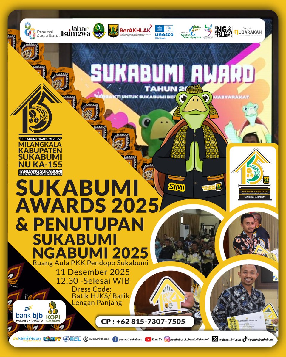 Mari rayakan insan-insan inspiratif yang telah berkontribusi bagi kemajuan Kabupaten Sukabumi.

Penutupan Sukabumi Ngabumi 2025 menjadi momentum bersama untuk memperkuat komitmen menuju Sukabumi yang lebih berdaya, berbudaya, dan berprestasi.

Terima kasih kepada seluruh pihak