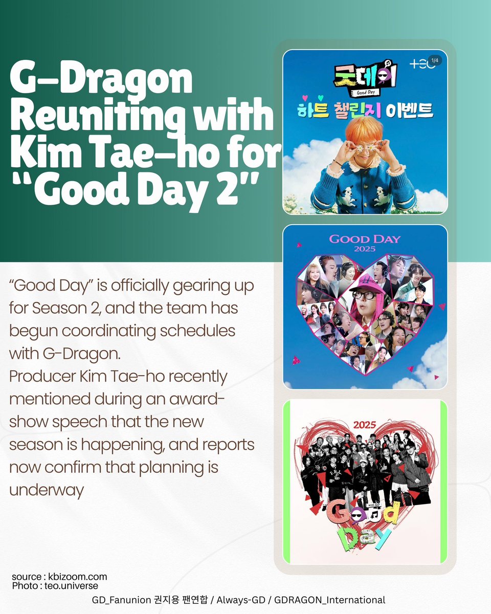 G-Dragon and PD Kim Tae-ho Begin Preparations for “Good Day” Season 2.

“Good Day” is officially gearing up for Season 2, and the team has begun coordinating schedules with G-Dragon.
Producer Kim Tae-ho recently mentioned during an award-show speech that the new season is