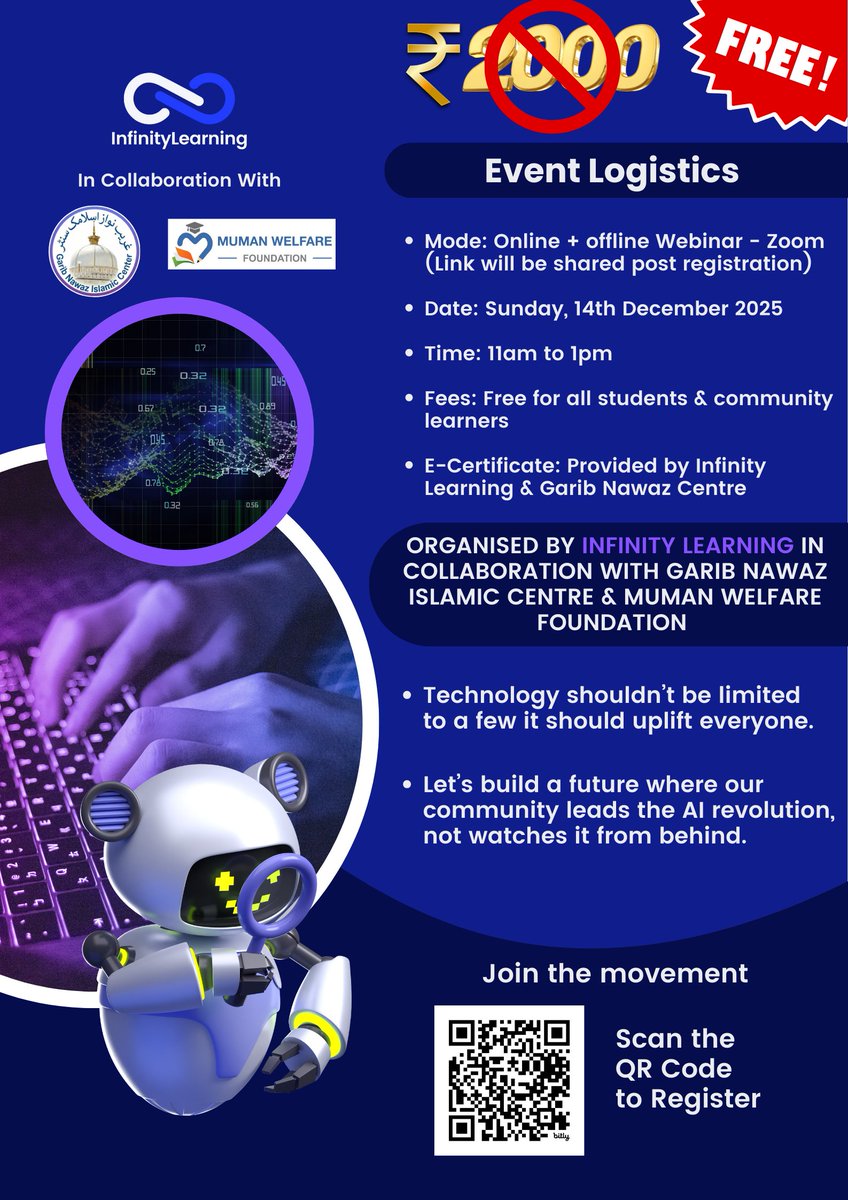 InfinityLearnMu's tweet image. Infinity Learning Webinar In Collaboration With Garib Nawaz Center and Muman Welfare Foundation.

Topic: AI for Everyone Unlocking Future Skills for the Community.

Website: infinitylearning.online
X: @InfinityLearnMu 
 
#FreeWebinar #CareerGrowth