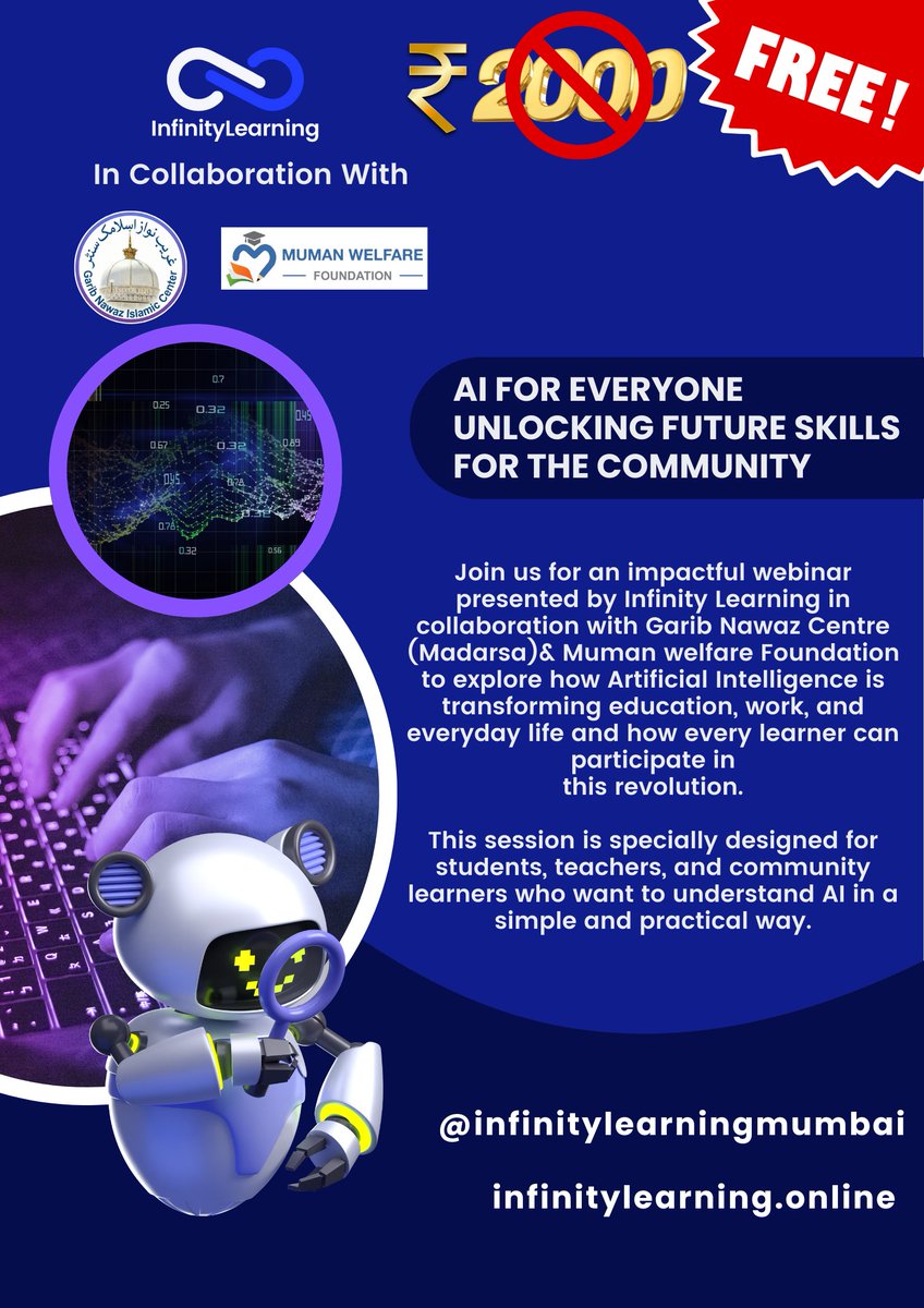InfinityLearnMu's tweet image. Infinity Learning Webinar In Collaboration With Garib Nawaz Center and Muman Welfare Foundation.

Topic: AI for Everyone Unlocking Future Skills for the Community.

Website: infinitylearning.online
X: @InfinityLearnMu 
 
#FreeWebinar #CareerGrowth