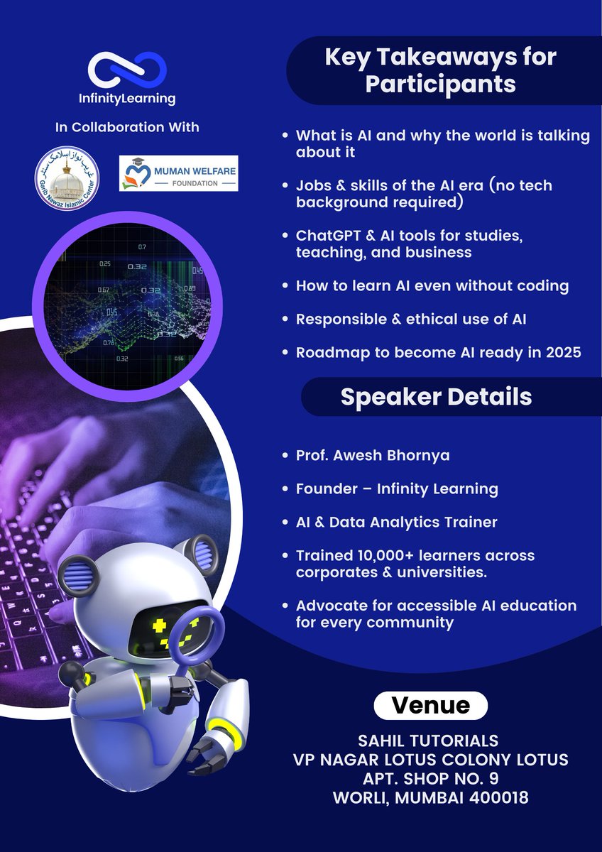 InfinityLearnMu's tweet image. Infinity Learning Webinar In Collaboration With Garib Nawaz Center and Muman Welfare Foundation.

Topic: AI for Everyone Unlocking Future Skills for the Community.

Website: infinitylearning.online
X: @InfinityLearnMu 
 
#FreeWebinar #CareerGrowth