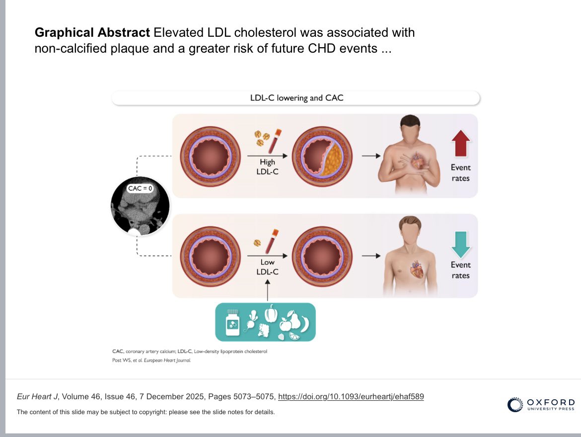 Yüksek LDL kolesterol seviyesi, koroner arterlerinde kalsiyum birikimi olmayan semptomatik kişilerde kalsifiye olmayan plak ve gelecekteki koroner kalp hastalığı olayları riskinin artmasıyla ilişkilendirilmiştir.
#kalphastalıkları #heartdisease #ldlkolesterol #ldlcholesterol