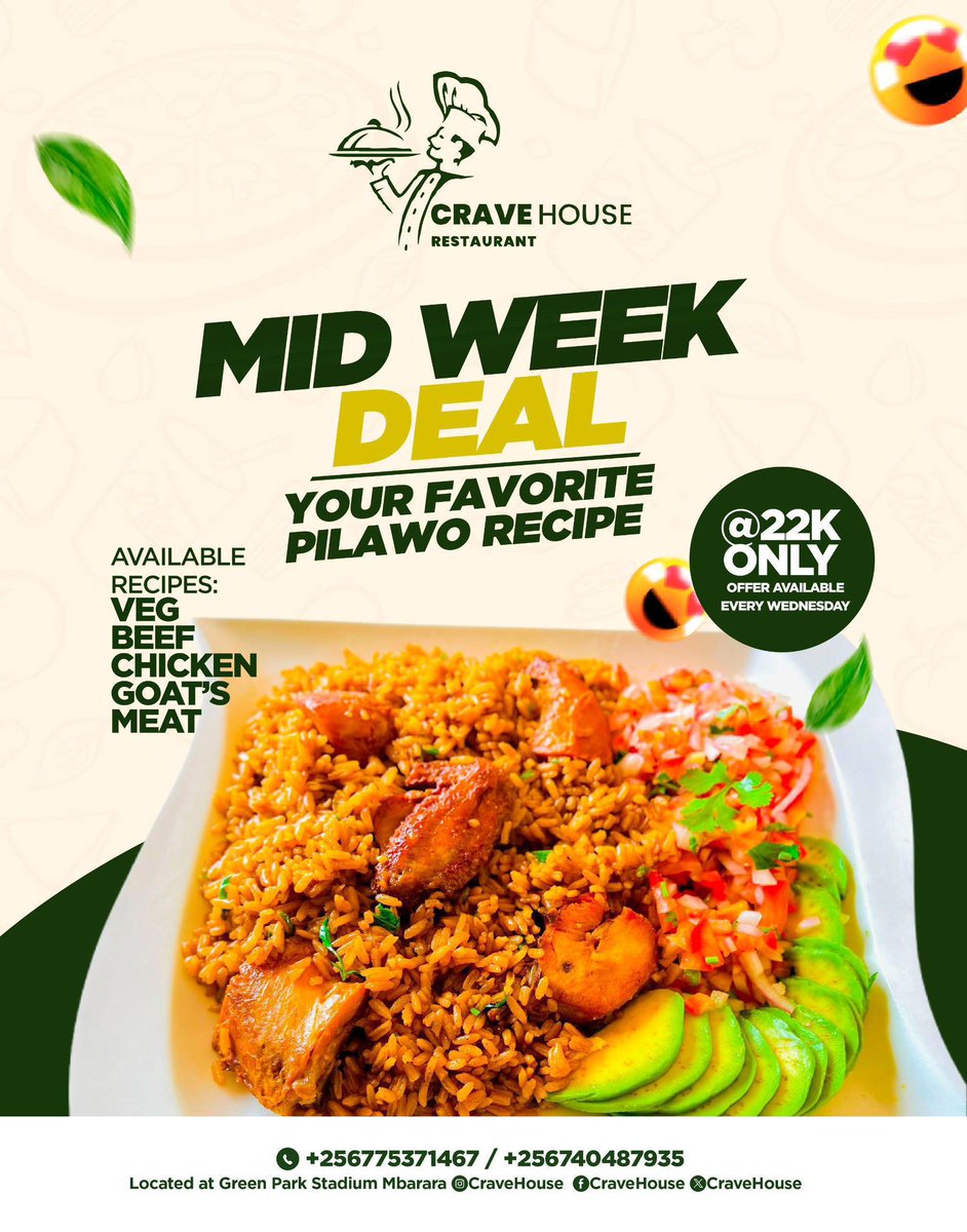 Hello Wednesday! ✨ Need a delicious lunch or dinner option? Don't miss out on our mid-week deal at #CraveHouseRestaurant located <a href="/greenparkug/">GREEN PARK STADIUM</a> , enjoy your favorite pillawo for only 22k! Best of all, we do deliveries! 🚚
Call +256775371467