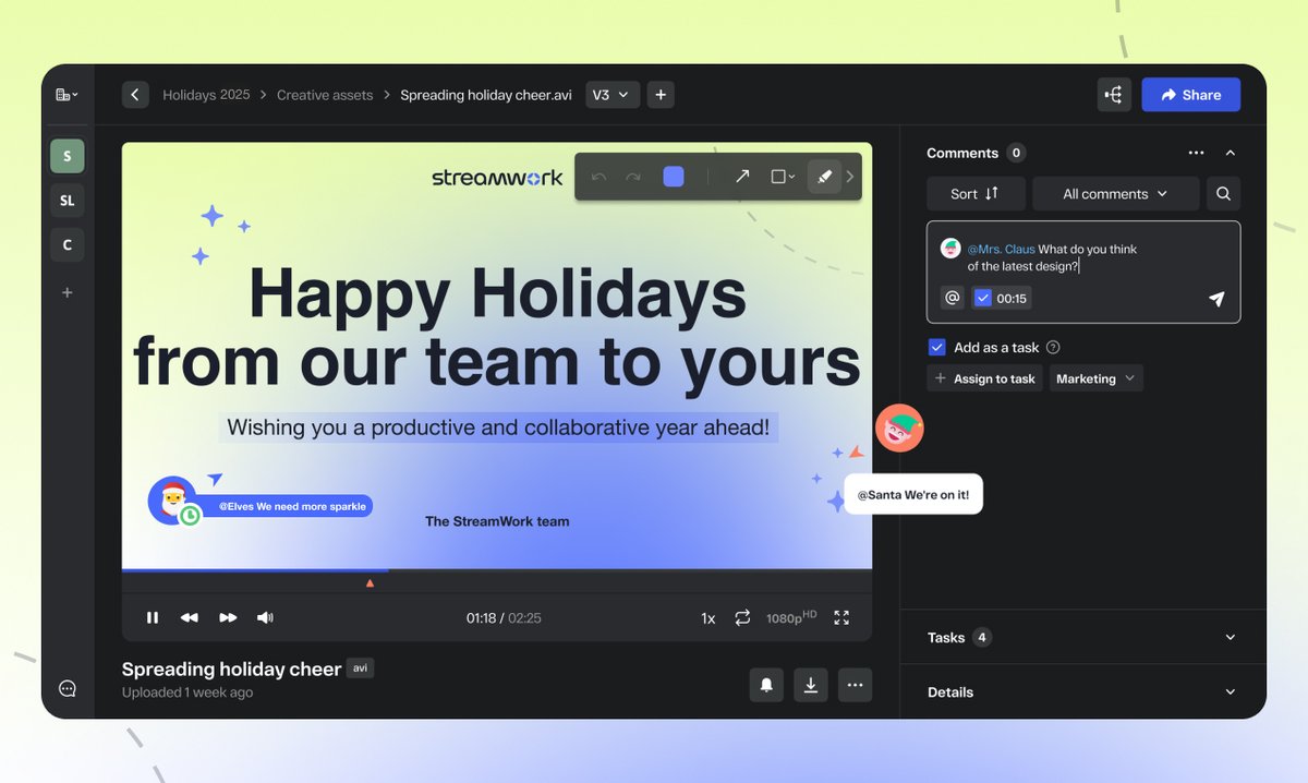 getstreamwork's tweet image. Happy holidays from the StreamWork team 🎄

Even Santa’s crew is in last-minute review mode 🎅✨
🎁 15% off an annual subscription
🎁 Immediate access
🎁 Contract start + payment due Jan 30, 2026

If smoother approvals are on your wishlist, we’ve got you covered ❄️☃️