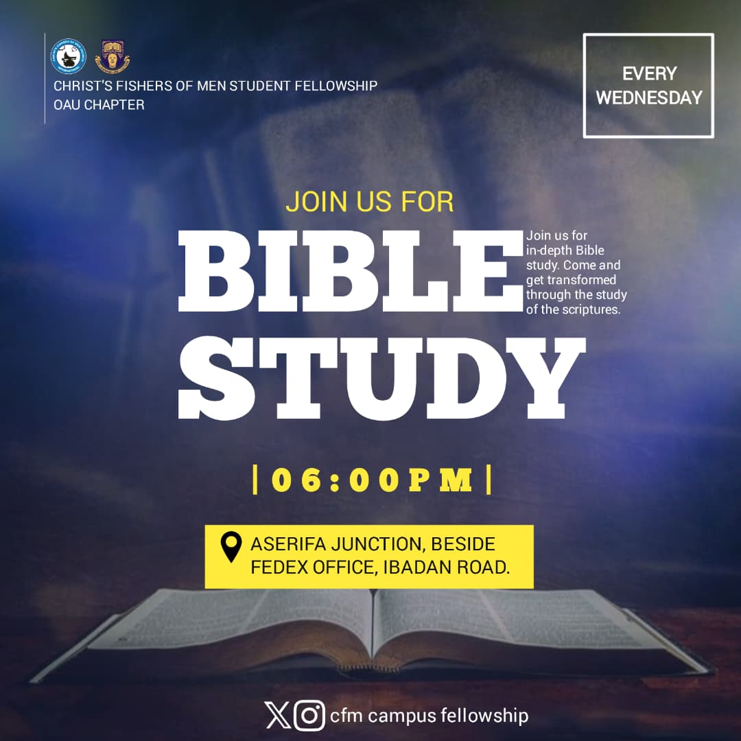 Let's come together to dive into God's word and grow in our faith. 
We look forward to seeing you there 😊😍
May God bless our time together as we seek to know Him more 🙏

Time: 6:00pm
Venue: Aserifa Junction, Ibadan Rd.

Come with a heart to get transformed 🌹