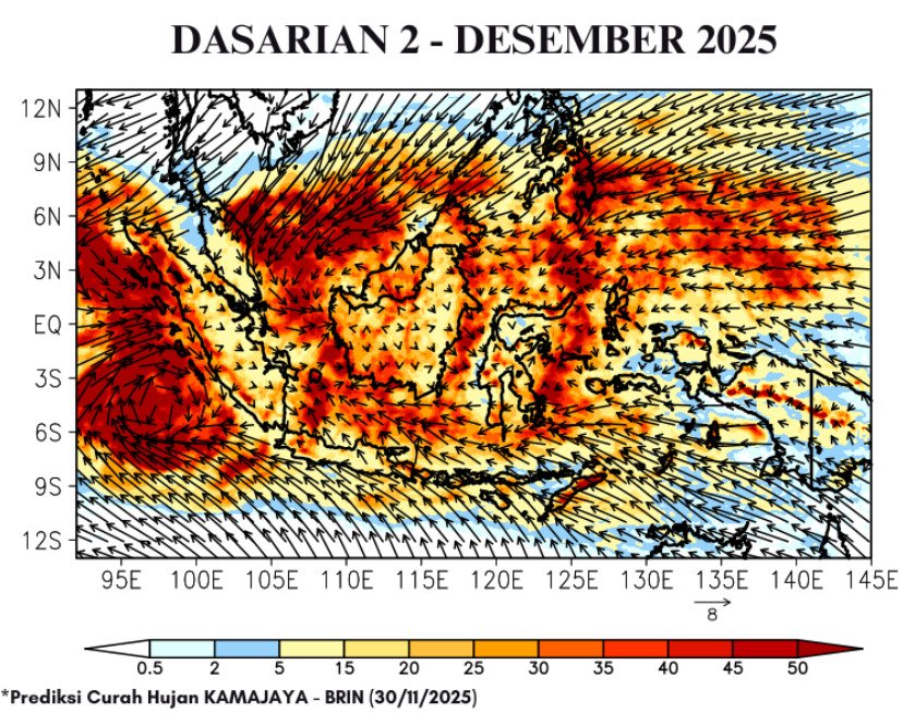 Update: Terpantau badai siklon 91S yg akan terus bergerak mendekati Sumatra dan berubah jadi siklon tropis (lihat prediksi KAMAJAYA) selama 11-20 Nov, dg inti pusaran dekat dg Bengkulu. Wilayah terdampak langsung adalah sepanjang pesisir barat Sumatra mulai hari ini (10/12). D