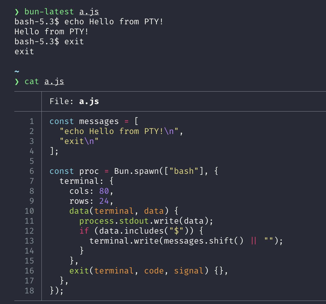jarredsumner's tweet image. In the next version of Bun

`Bun.Terminal` lets you programmatically create interactive terminals &amp;amp; `Bun.spawn` gets a `terminal` option